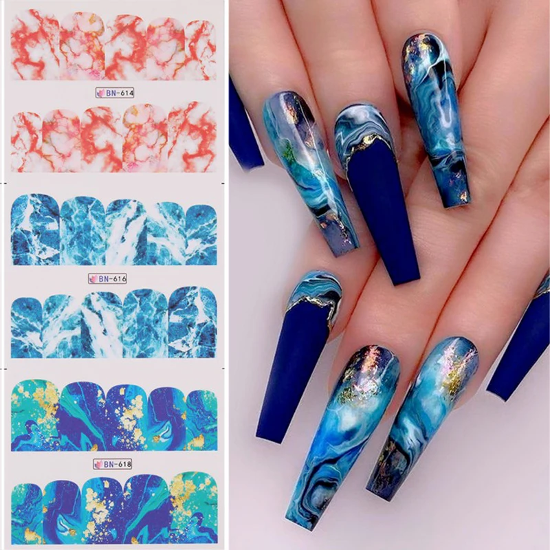 12pcs Gradient Marble Water Nail Stickers Flower Letter Leopard Cartoons Sliders For Nails Transfer Decals Decoration | Красота и
