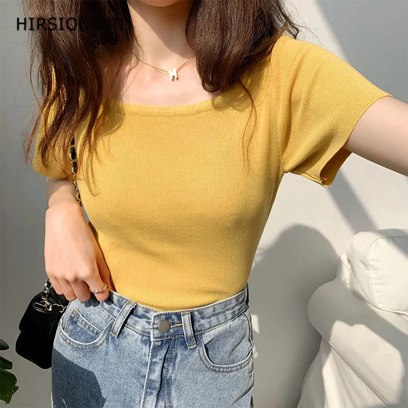 

Hirsionsan New Summer Square Collar T Shirts Women Screw Thread Thin Short Sleeve Tees Casual Fashion Streetwear Female Tops