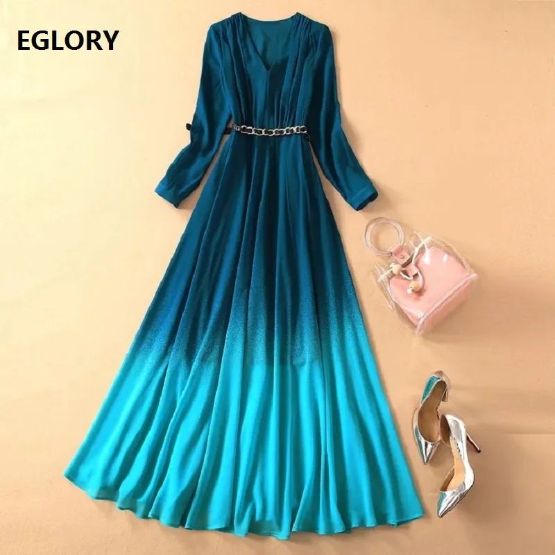 

Top Quality New 2021 Women's Long Dress Spring Summer Party Evening Ladies V-Neck Gradient Color Print Long Sleeve Maxi Dress