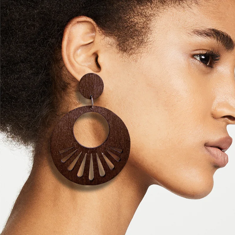 

Геометрические Ажурные Деревянные Круглые ретро этнические деревянные серьги-подвески, Необычные треугольные праздничные украшения для ж...