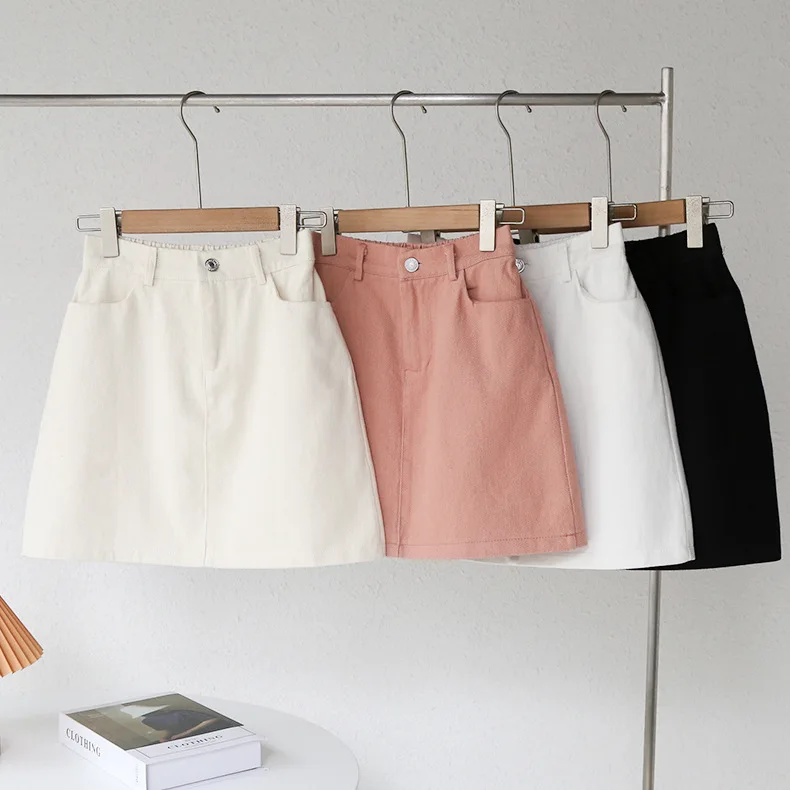 

2021 Summer Women's Short Skirt Academy Style Semi Elastic High Waist A-line Buttock Skirt Solid Color Pocket Mini Skirt