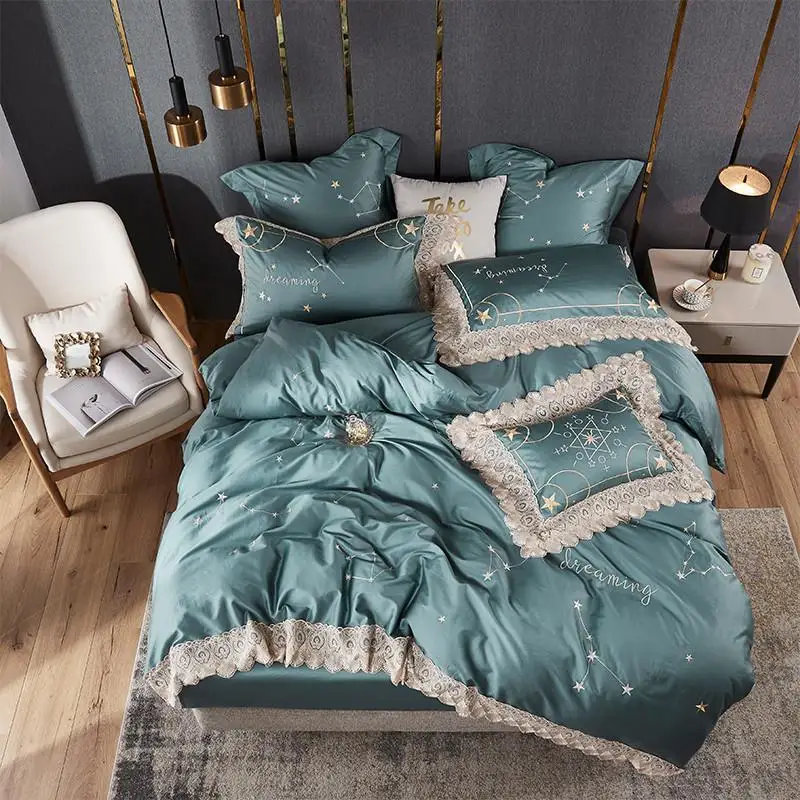 

J2 Luxury Egyptian Cotton Bedding Set Twin Queen King size star embroidery Duvet Cover Bed sheet set Pillowcase