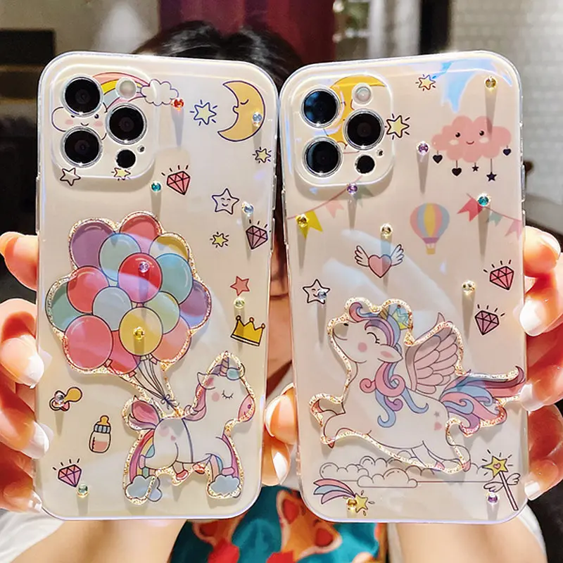 

Kawaii Cartoon Unicorn Phone Case For Iphone 11 Pro Max 12 Mini XR XS 8 X 7 6 6s Plus SE Blue Ray Luxury Jewel Cover Fundas