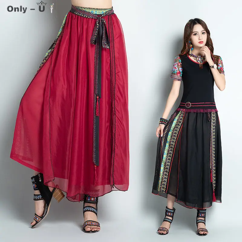 

2020 Summer New National Style Women's Chiffon Loose Wide Leg Pants Straps Decoration Bohemia Trousers Skirt Mujer Faldas k295
