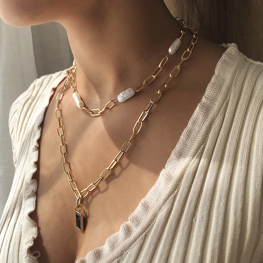 Ожерелье для женщин Геометрическая жемчужная цепочка ожерелье Модный черный