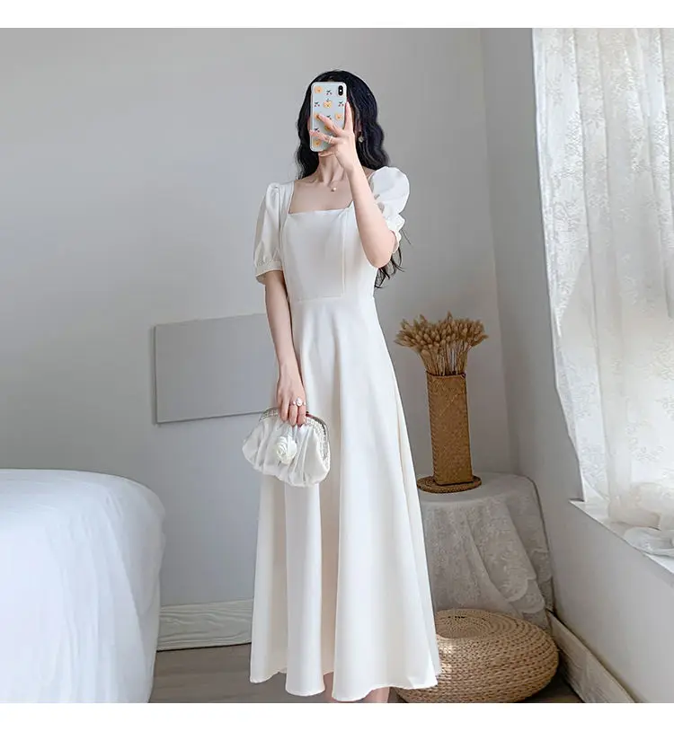 

2021 New Summer Women's Dress Fashion Slim Chiffon White Beach Dress Casual Short Sleeve Elegant Office Working Lady Dresses