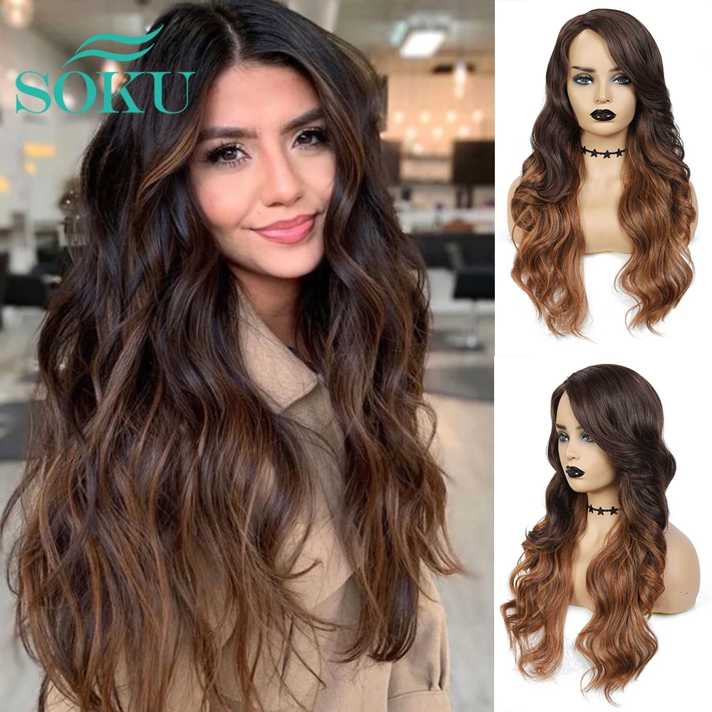 

Synthetic Lace Wig Side Part Long Wavy Hairstyle For Black Women Glueless Heat Resistant Fiber Lace Wig Ombre Brown SOKU
