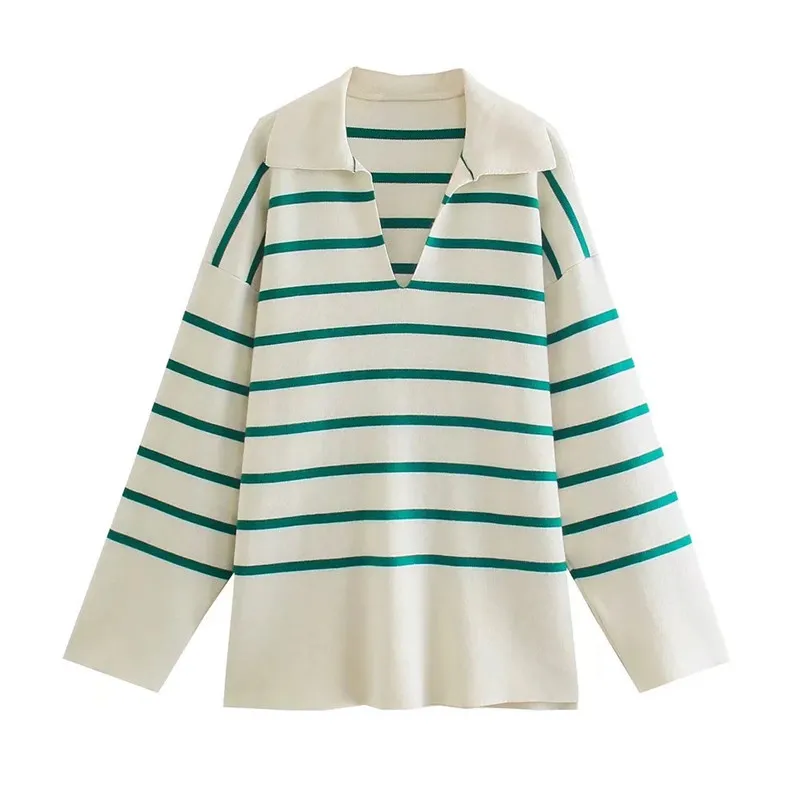 

ZA 2021 autumn new women's casual versatile elegant European and American style lapel loose striped sweater for women