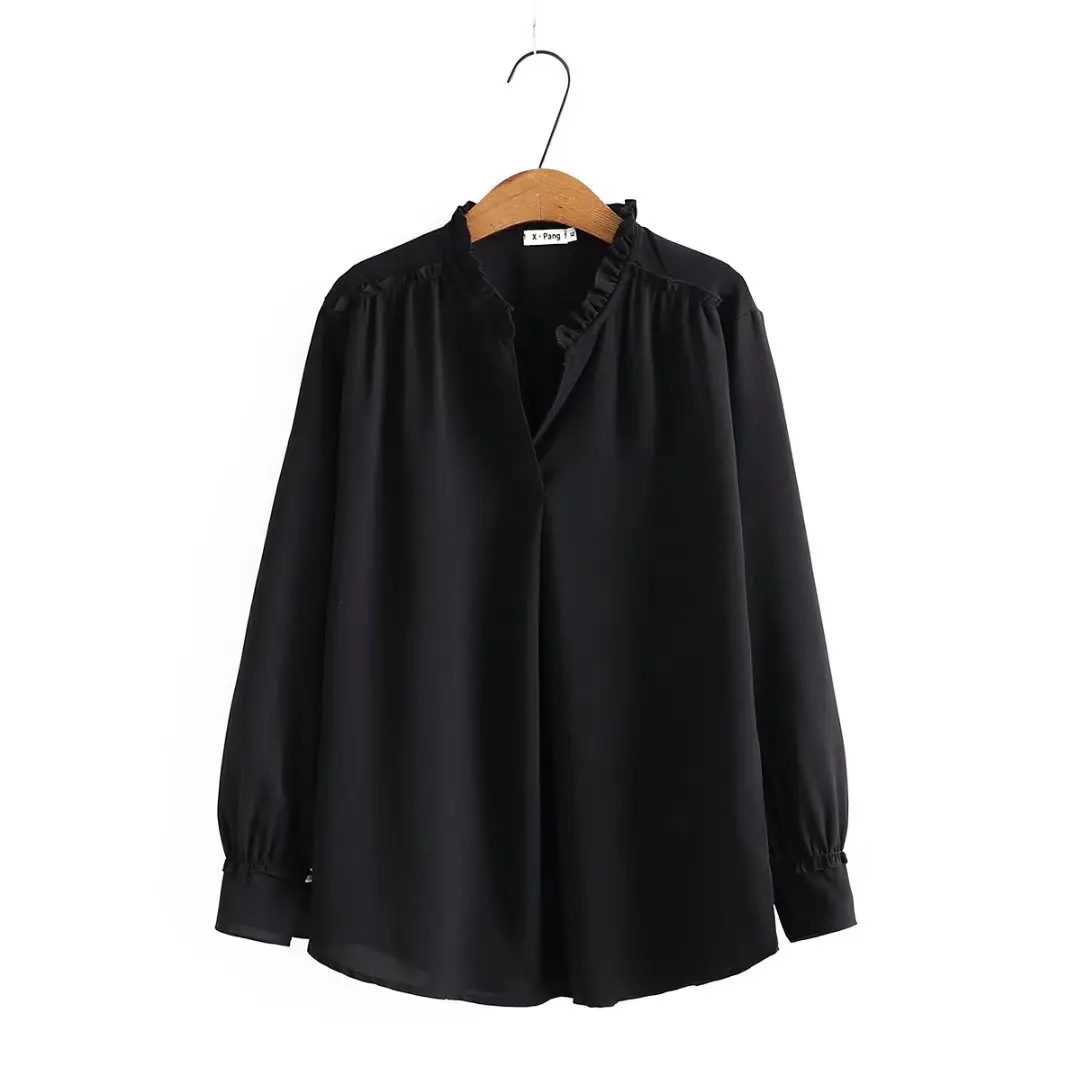 

Plus size ruffles V-Neck women loose blouse 2022 NEW spring autumn casual ladies long Sleeve shirts female black