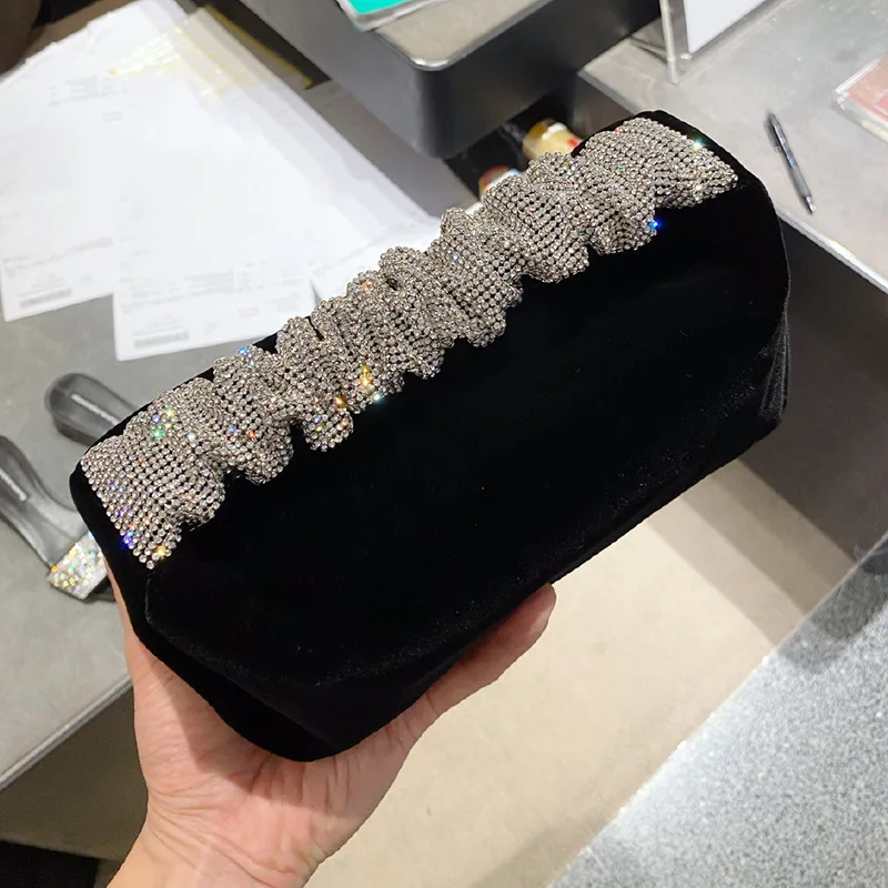 

Rhinestones Fold Handle Velvet Handbag Women 2021 New Luxury Soft Square Clutch Bags Female Chic Designer Purses High Quality