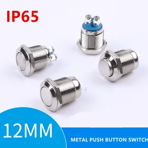 1PC Waterproof IP65 12mm Metal Push button switch self-reset button1NO1NC Flat high head 2 PINS Screw/Pin terminal