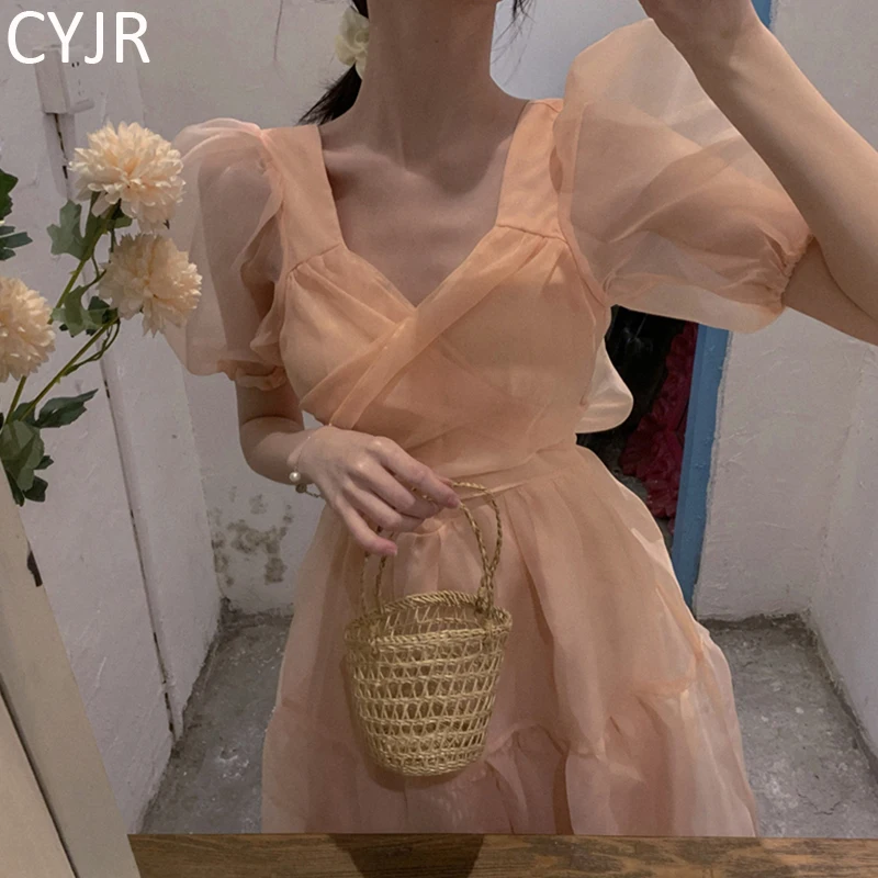 

Summer French Temperament Dress Sweet V-Neck Tender Girl Short Puff Sleeve Dress Gauze Bandage Bow Dress Women Party Dresses