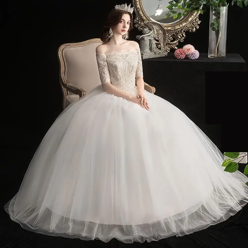 

Vestido De Noiva 2021 Elegant Boat Neck Wedding Dresses Half Sleeve Lace Up Ball Gown Backless Floor-length Wedding Dress