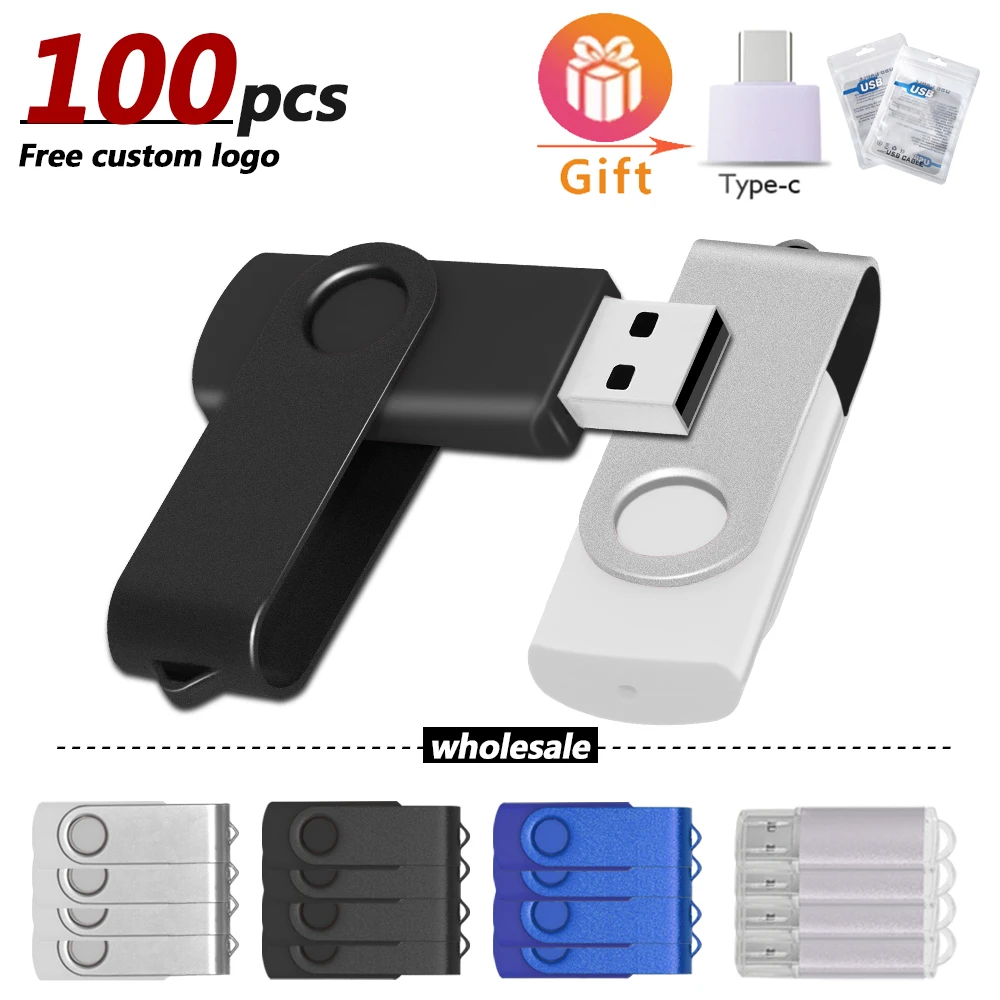 

100PCS/Pack USB Flash Drive 1GB 2GB 4GB 8GB 16GB 32GB 64GB Pendrive Metal Swivel Memory Stick Thumb Drives Colorful for Gifts