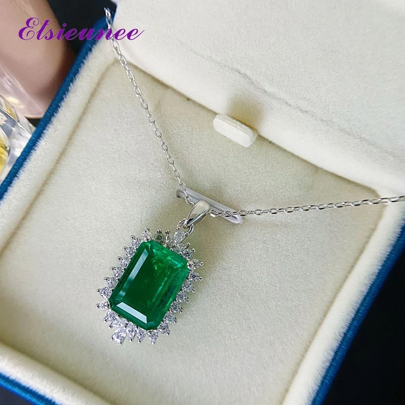 

ELSIEUNEE 100% 925 Sterling Silver Emerald Simulated Moissanite Pendant Necklaces for Women Anniversary Fine Jewelry Wholesale