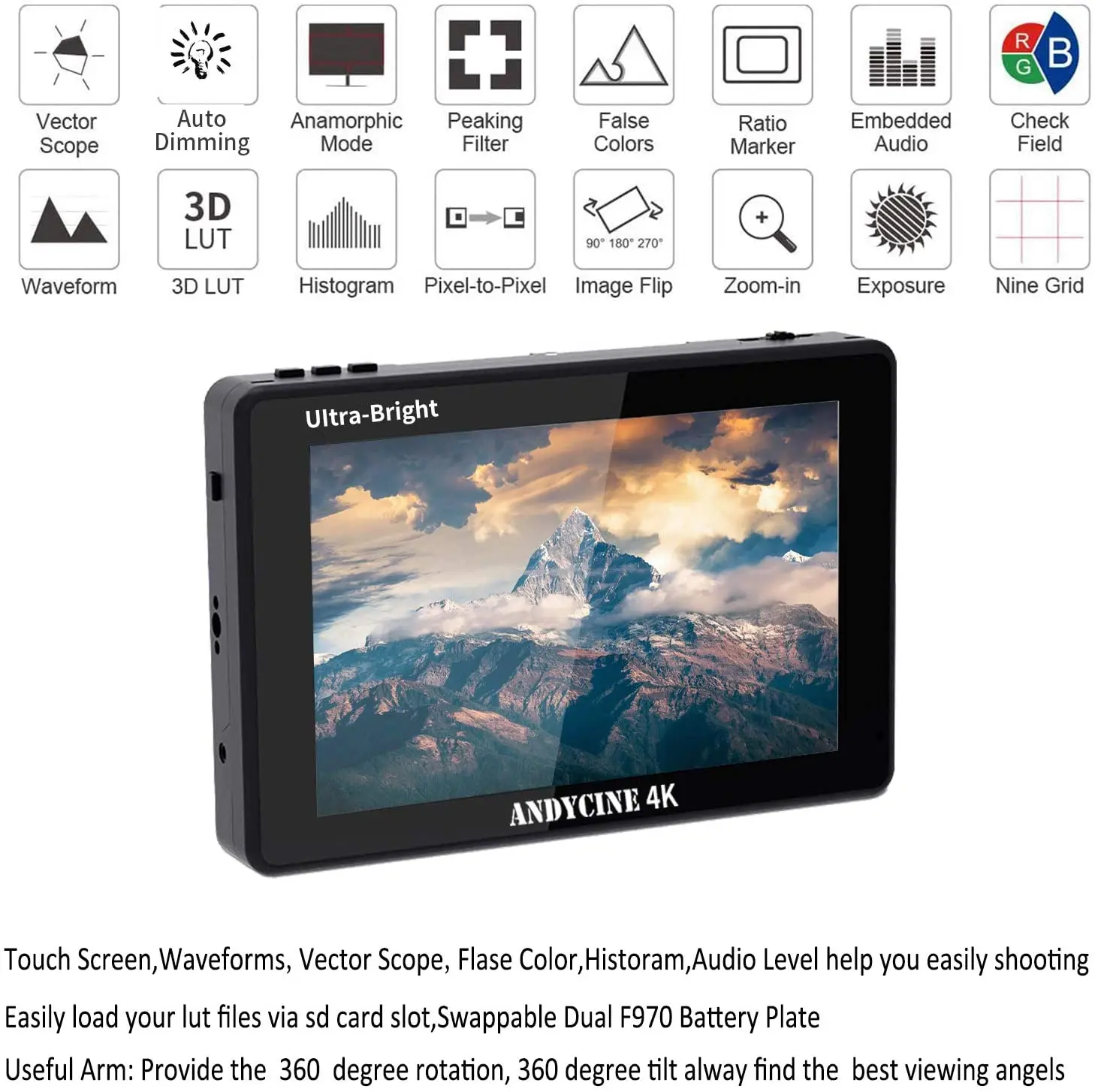 Andycine C7 7 дюймов 2200nit 3D LUT сенсорный экран с разрешением 4K HDMI Камера DSLR полевой