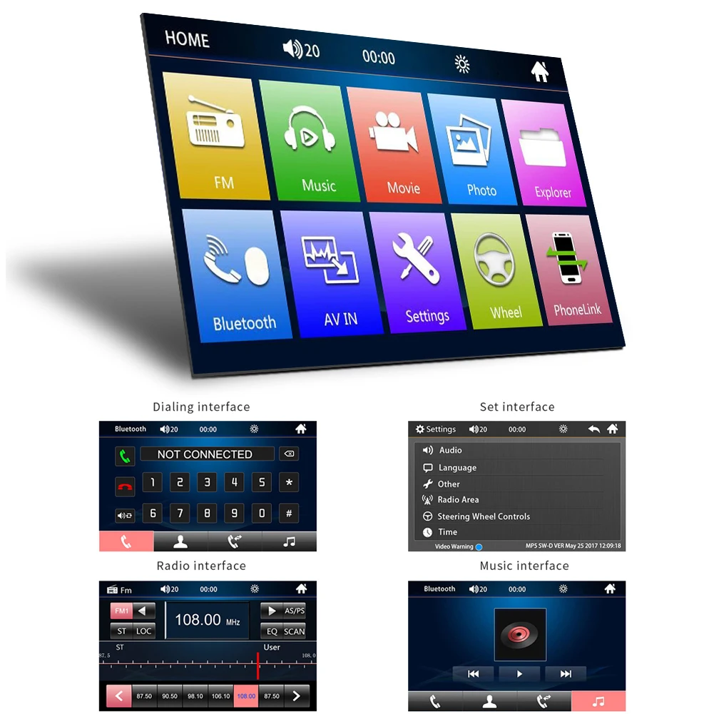 Автомобильный MP5-плеер с 7-дюймовым дисплеем FM-радио Bluetooth Android IOS Mirror Link камерой