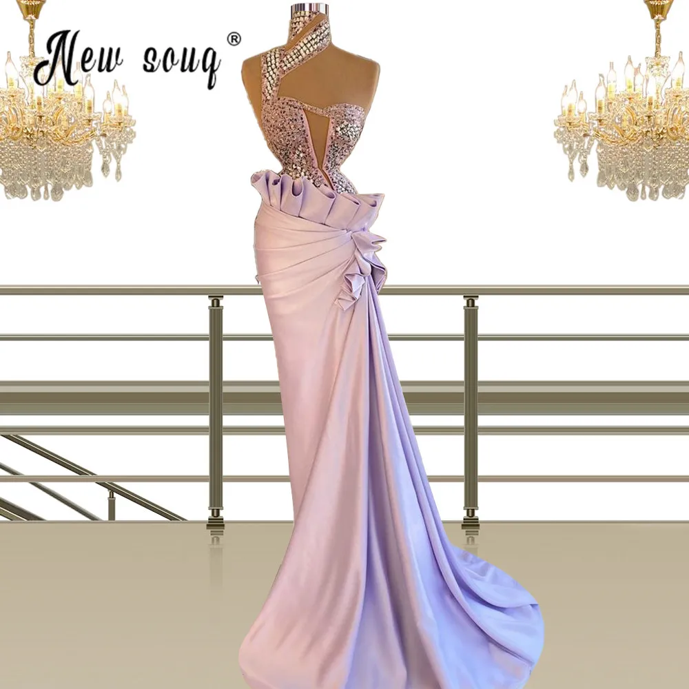 

Purple Luxury Crystals Prom Dress High Neck Ruffles Beaded Evening Dress Long Robe Soiree Middle East Pageant вечернее платье
