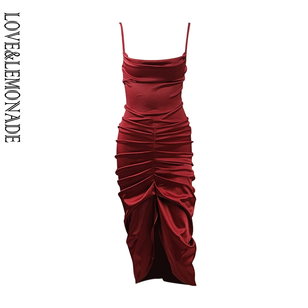 Женское атласное платье LOVE & LEMONADE Красное Облегающее выше колена с воротником