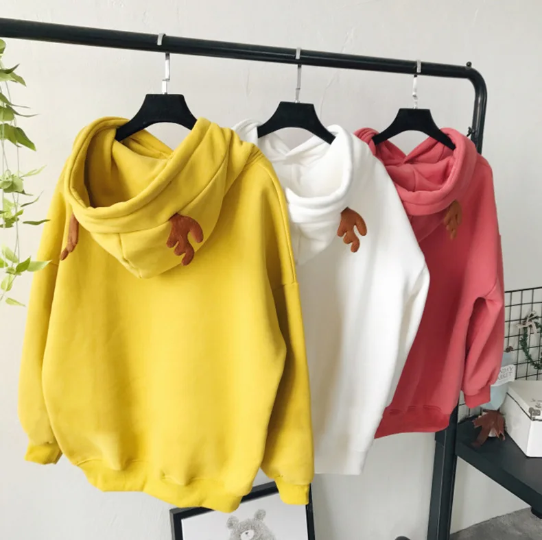 

Women Autumn Winter Sweatshirts Sweet Style Thicken Antlers Hooded Letter Embroidery Drop Shoulder Loose Hoodies for Student
