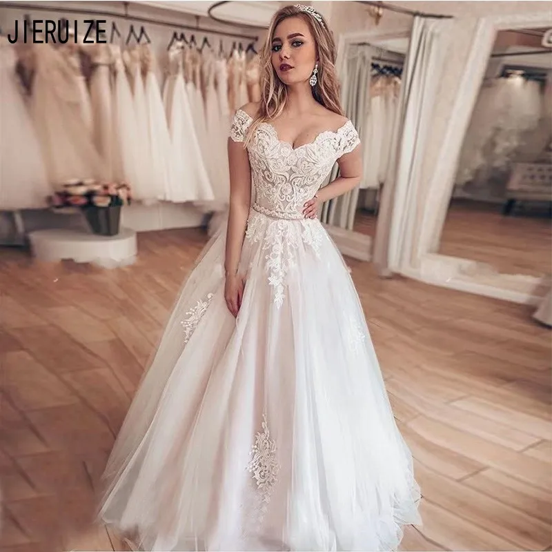 

JIERUIZE Charming Off Shoulder Wedding Dresses Short Sleeves With Appliques Bridal Gowns Lace Up Back vestido de noiva For Bride