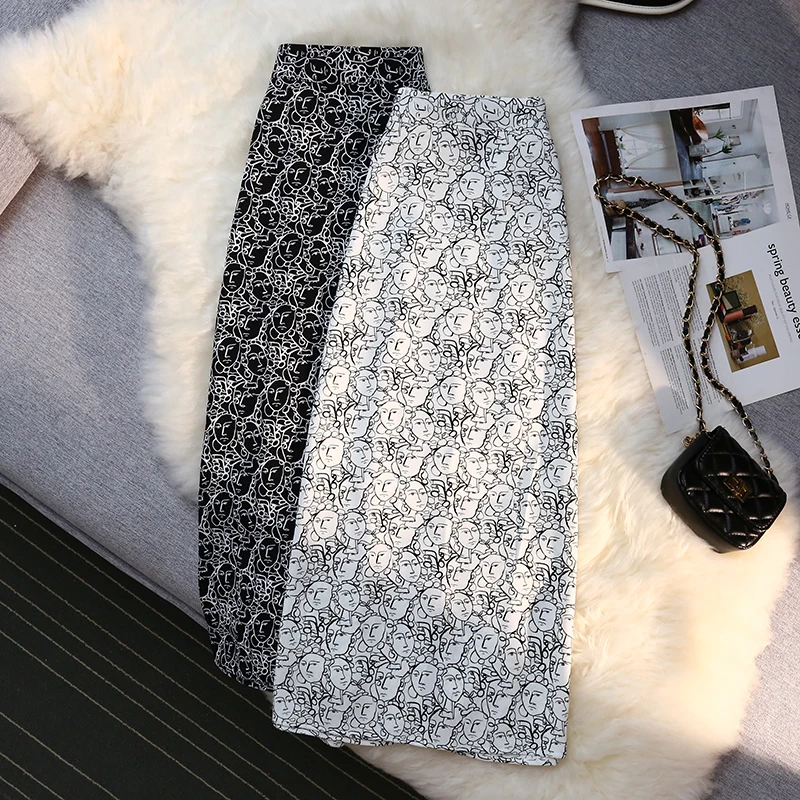 

Limiguyue Summer Face Print Skirt Women Back Split High Waisted A-Line Skirts Elegant Zipper Black White Jupe Longue Femme K2079