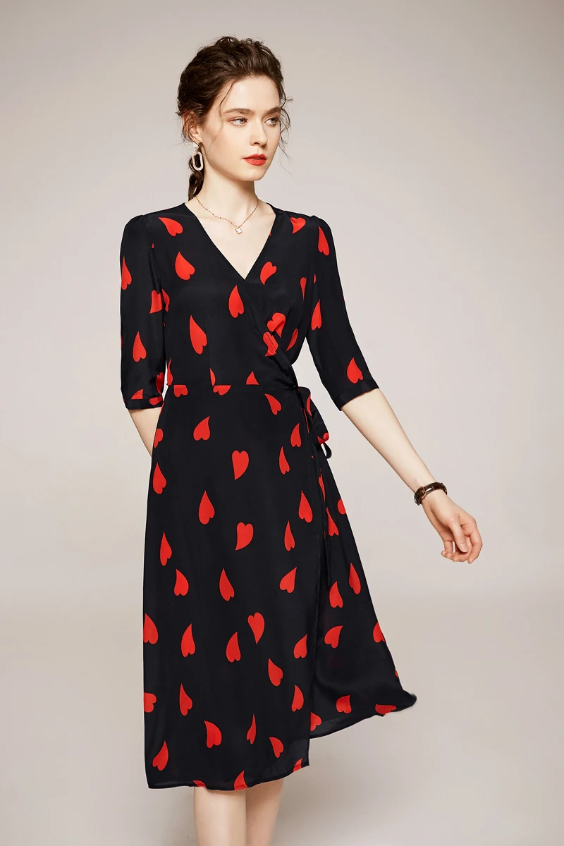 

100% Silk Women's Runway Dress Sexy V Neck Half Sleeves Sweethearts Printed Sash Belt Fashion Casual Dresses