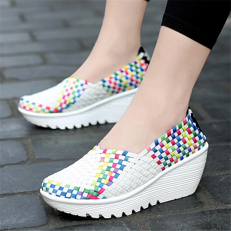 

Summer Women's Fashion Casual Shoes Platform Wedge 5cm Increase Female Shoes Stretch Fabrics Handmade Weave Rocking Sneakers