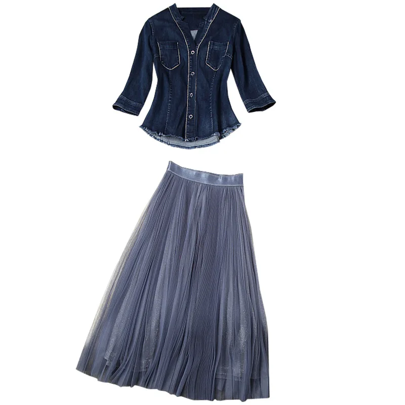 

Summer Suit Women 2020 New Fashion Designers V Neck Denim Top and Midi Mesh Skirt Matching Set Female Casual Twinset