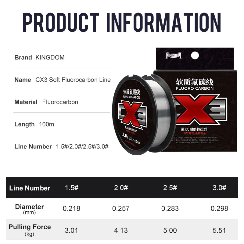 Kingdom CX3 Fishing Line Soft Fluorocarbon Sinking Multifilament lines 100m 1.5# 2.0# 2.5# 3.0# Fishing Accessories For Fishing