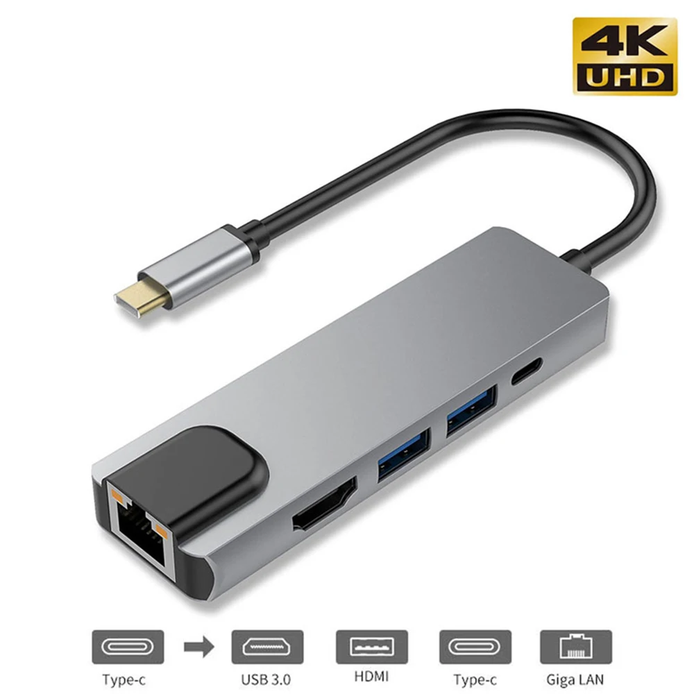 Type C-HDMI/RJ45/2 * USB 3 0/type C зарядный порт 5 в 1 концентратор Gigabit Ethernet LAN 1000 м HDMI UHD 4K дисплей