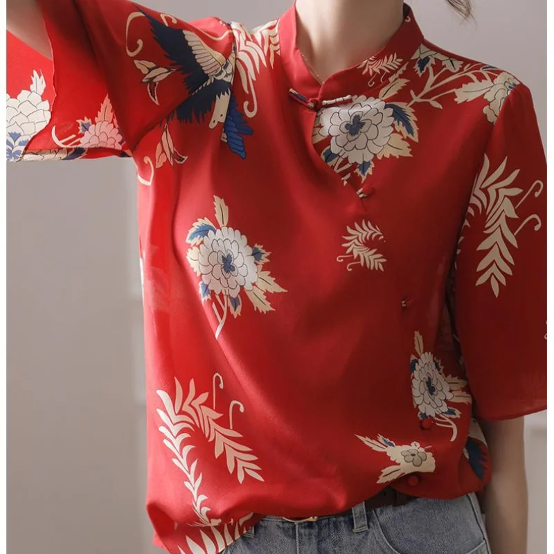 

SRINA женский летний модный красный ретро Чонсам с принтом журавлей Китайская традиционная Свободная рубашка