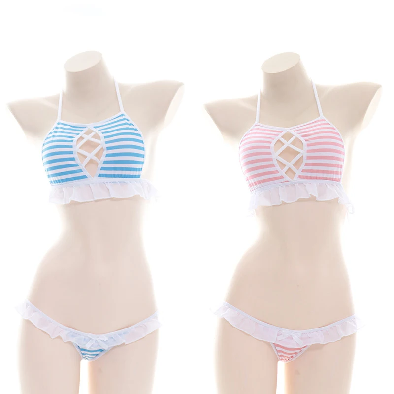 Розово синяя полоска комплект бикини с оборками пижама сексуальная Лолита