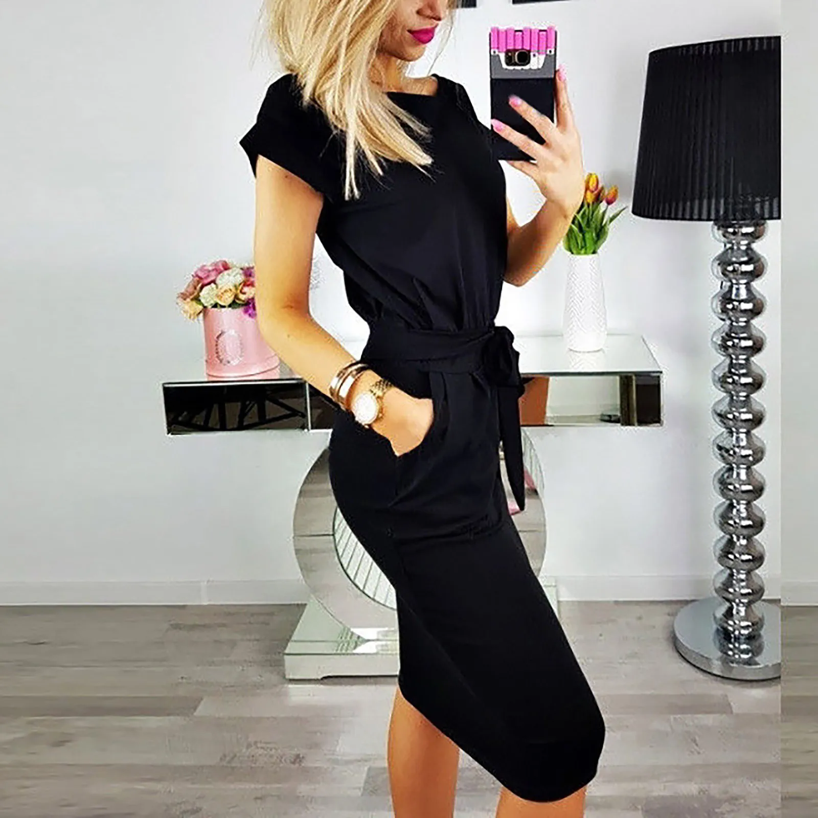 

Женское платье с поясом, повседневное однотонное платье с коротким рукавом и поясом, весна-лето 2021