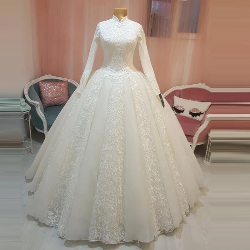 

Arabic Bridal Gown Islamic Muslim Wedding Dress Arab Ball Gown Lace Hijab Long Sleeve Princess Wedding Dress 2019