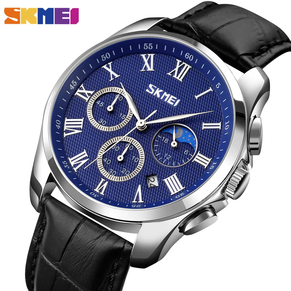 

SKMEI New Japan Quartz Movement Moon Phase Watches Mens Waterproof Stopwatch Genuine Leather Male Wristwatch relogio masculino