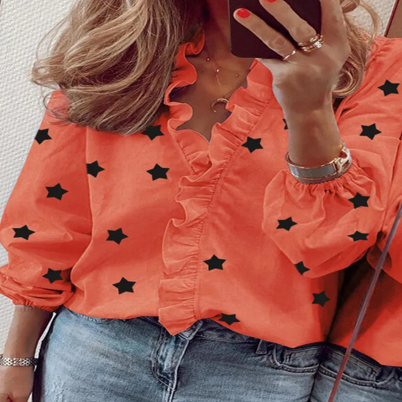 

Female Blouse Shirts Office Lady 2020 Spring Autumn Print Long Sleeve Ruffle Women Blouses Sexy V-neck Long Sleeve Pullover Tops