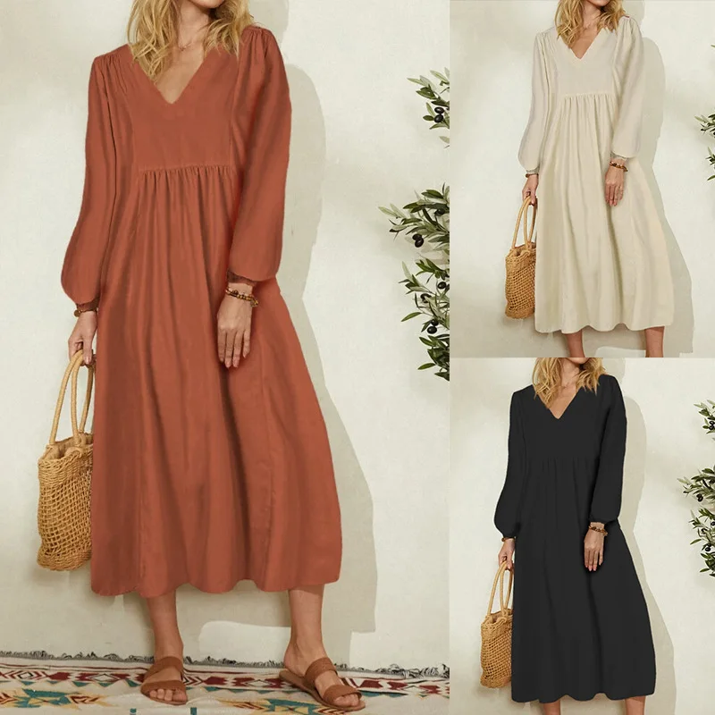 

Women's 2021 spring and summer new fashion women's cotton and linen loose lantern sleeve dress women