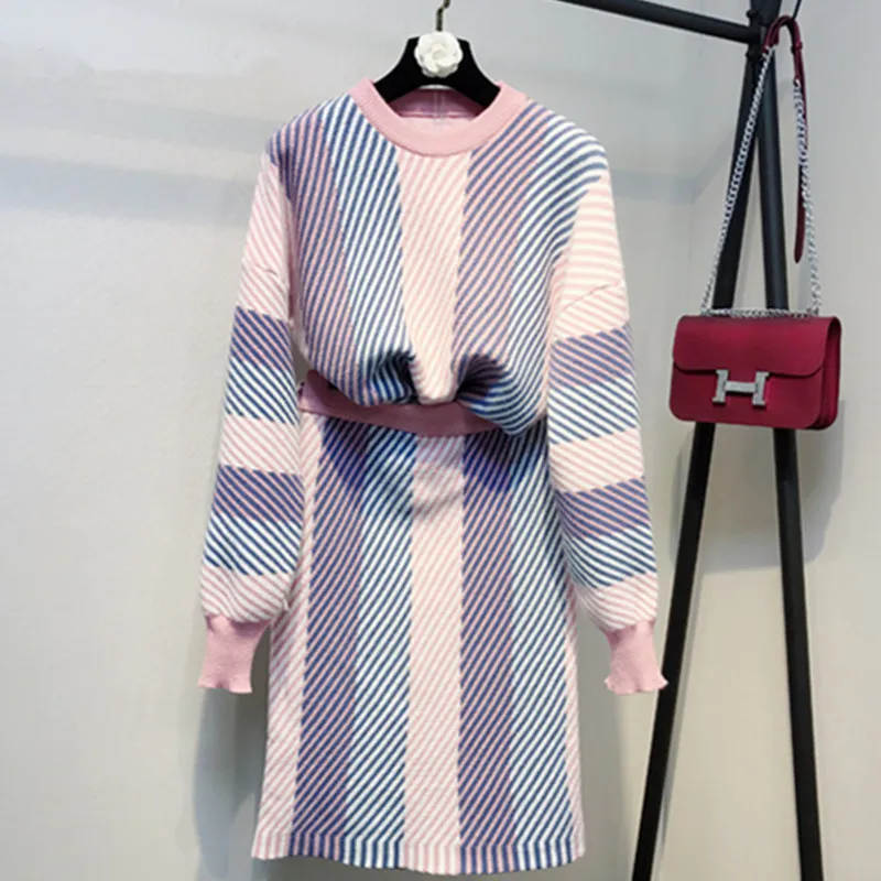 Женское новый высококачественный зимний полосатый вязаный Свободный пуловер