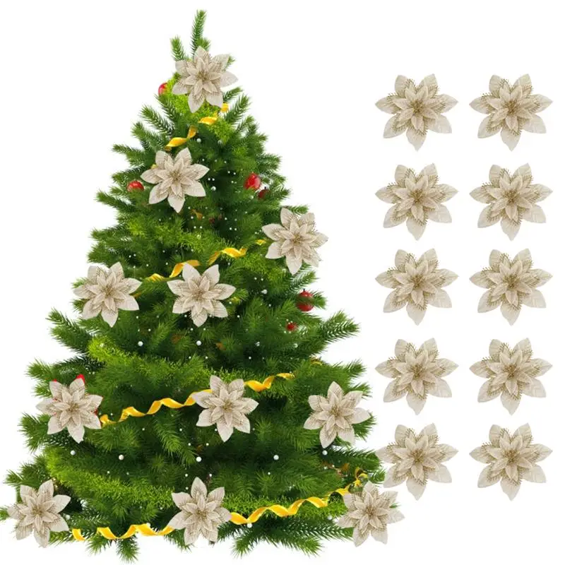 Gold 10 шт. искусственные цветы для украшения блестки Poinsettia поддельные цветы DIY домашние свадебные декорации цветок голова Рождество - Цвет: Gold
