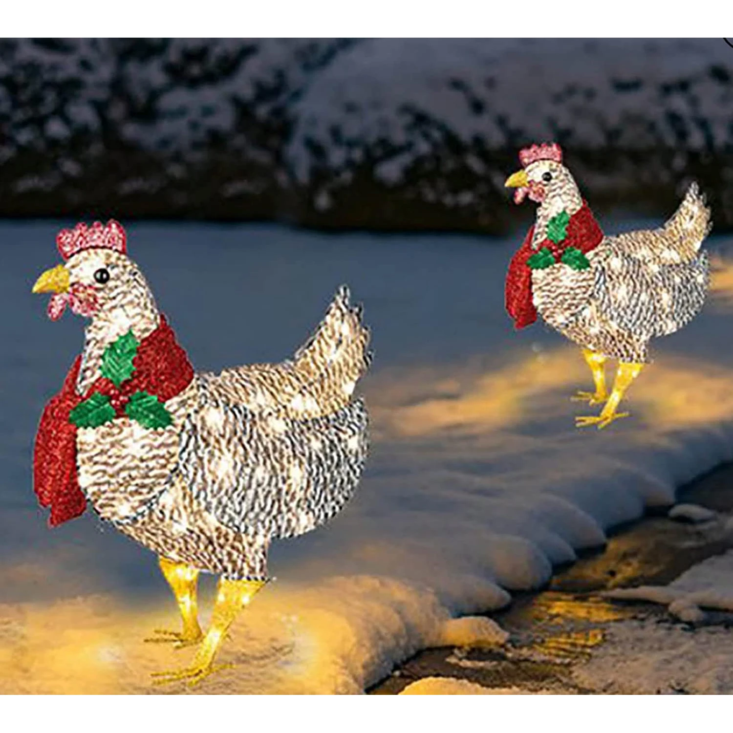 

Christmas Decorations Light-Up Chicken with Scarf Holiday Decor LED Flat 3D Outdoor Christmas Lights Statue Garden Yard Ornament