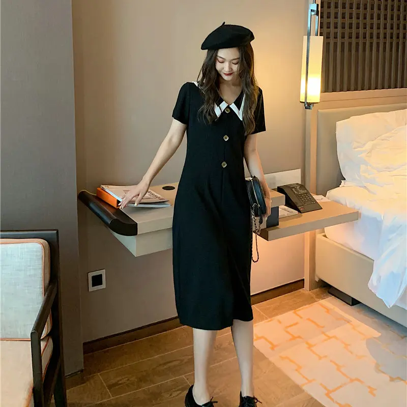 

Summer Black Retro Dresses Women Chelsea Collar Short Sleeve Calf Length Straight One Piece Plus Size Korean Clothes 2021 NEW