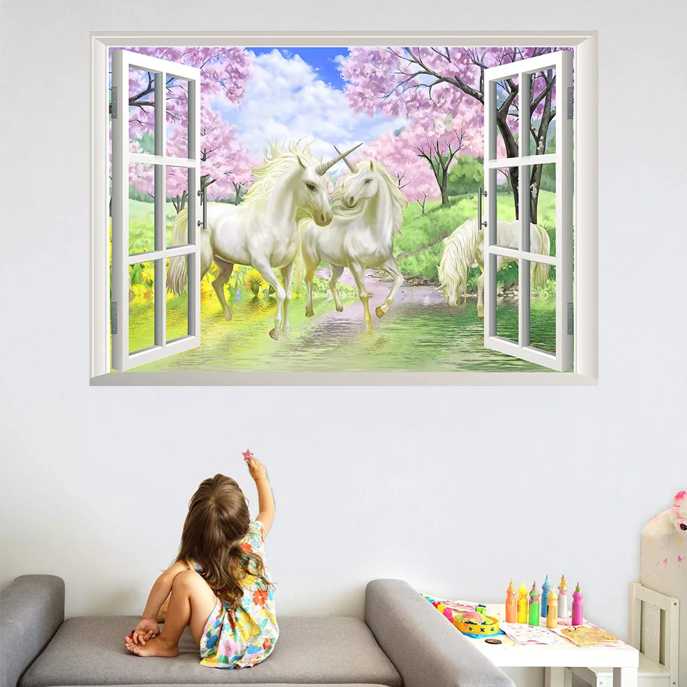 Настенные 3D стикеры с изображением белого единорога домашний декор ПВХ имитация