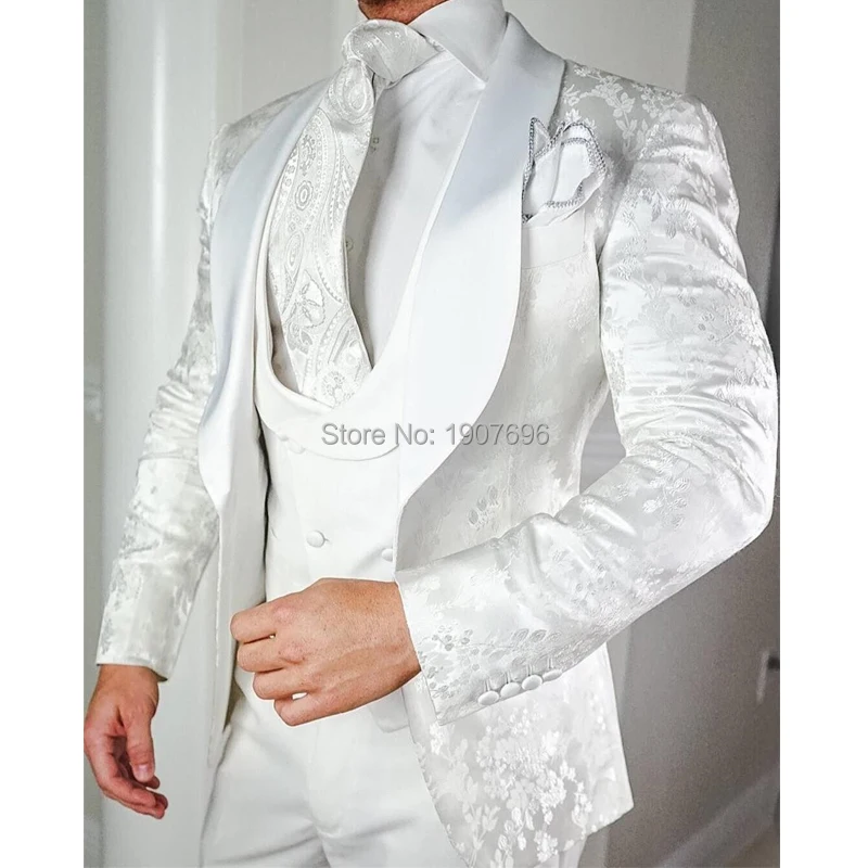 

White Floral Wedding Tuxedo for Groom 3 Pieces Slim Fit Men Suits with Satin Shawl Lapel Custom Male Fashion Costume Jacket Vest