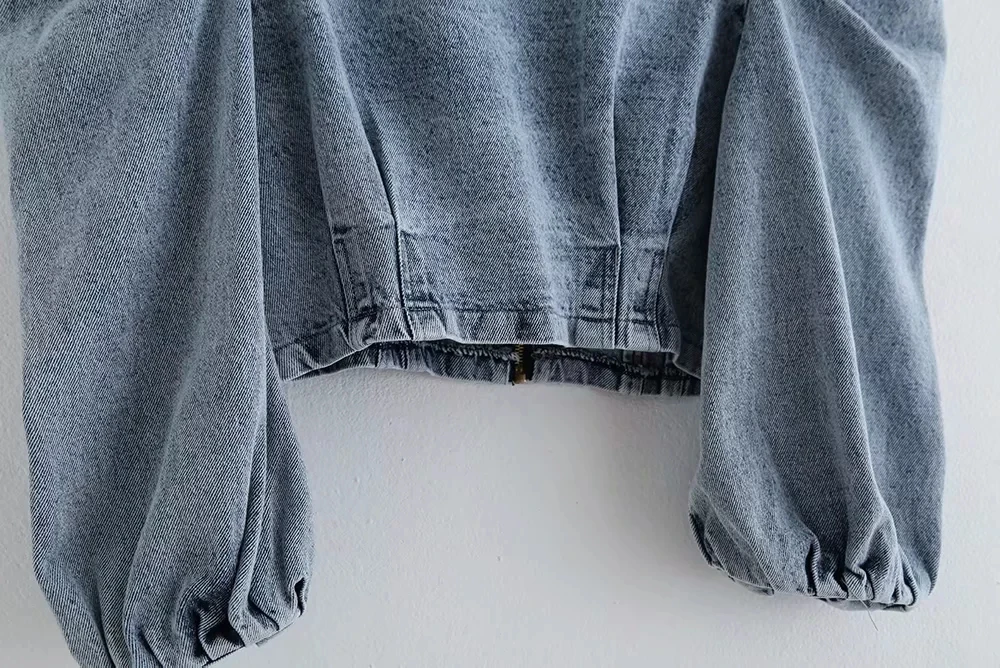 Withered england high street vintage puff sleeve short denim shirt women blusas mujer de moda shirt womens tops and tshirt