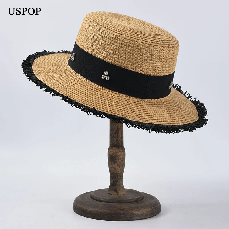 

USPOP New flat top straw hats fashion diamond straw sun hat rough edges tassel wide brim beach hats