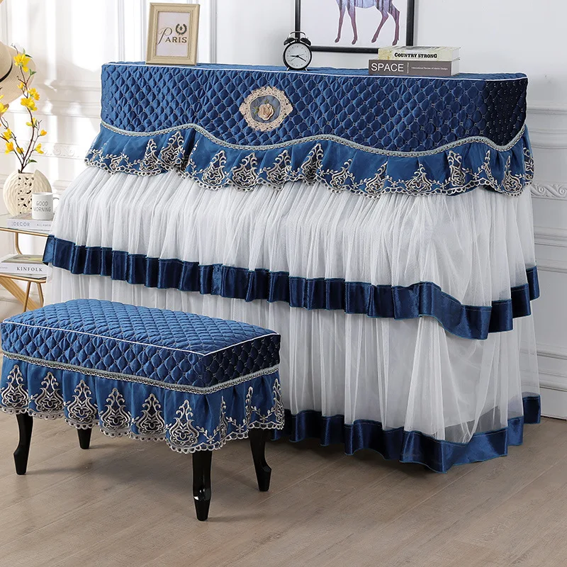

High-grade Piano Cover Blue Plus Yarn Double Open Full Cover Girl Art Fabric Fashion Korean Piano Set Noble European Piano Set