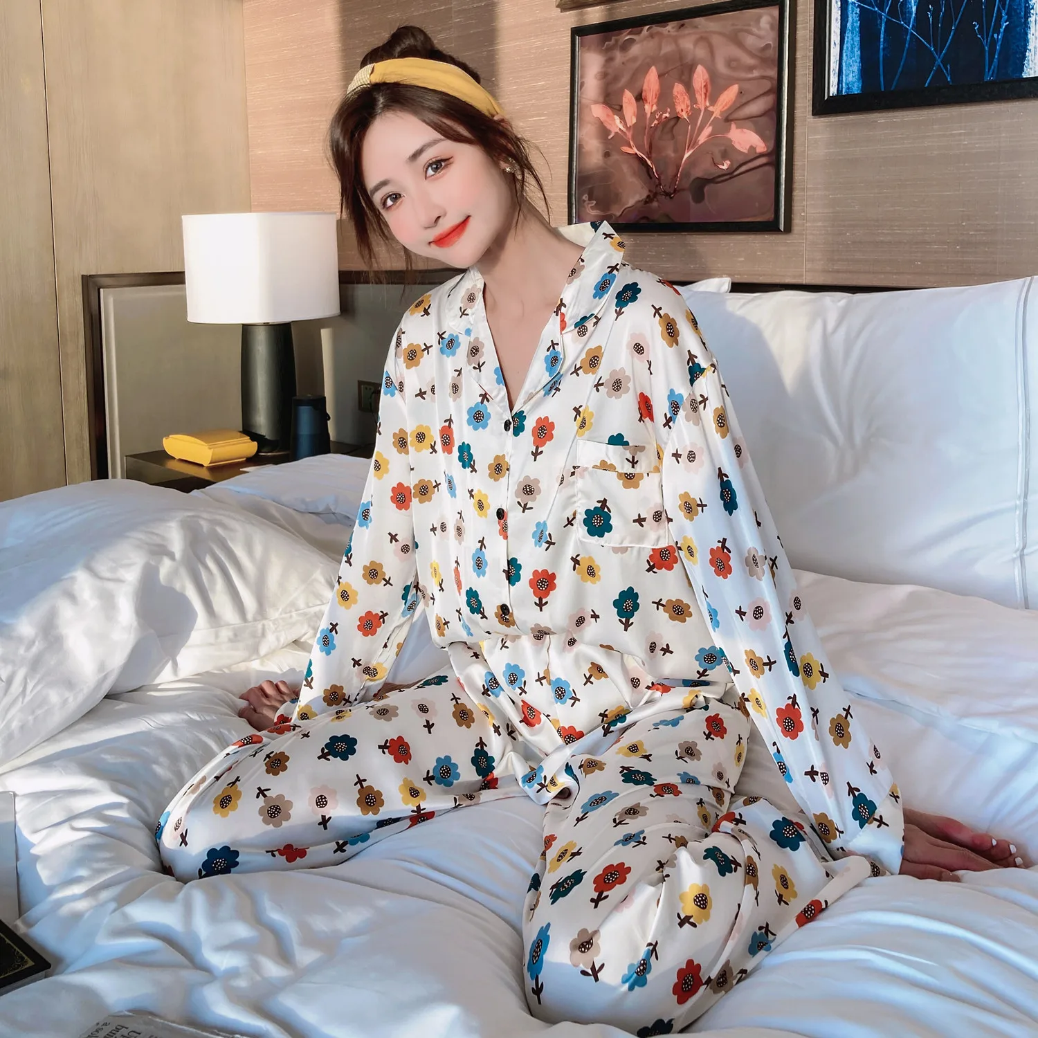 Women Sleepwear Sexy Sleepwear Snow and ice silk Pajama Set Spring Nighty Lapel Imitated Silk Fabric Plus Size Loose Version