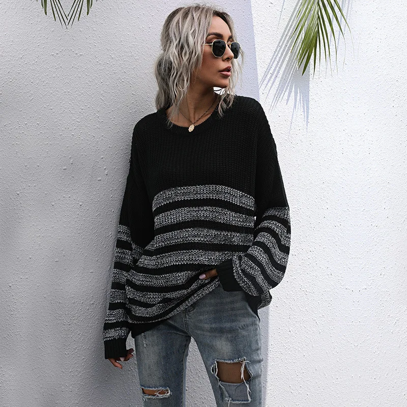 

2021 Autumn Elegant Loose Striped O Neck Pullovers Tops Midi Long Sleeve Sweater Streetwear Warm Knitted Ladies Sweater Casual