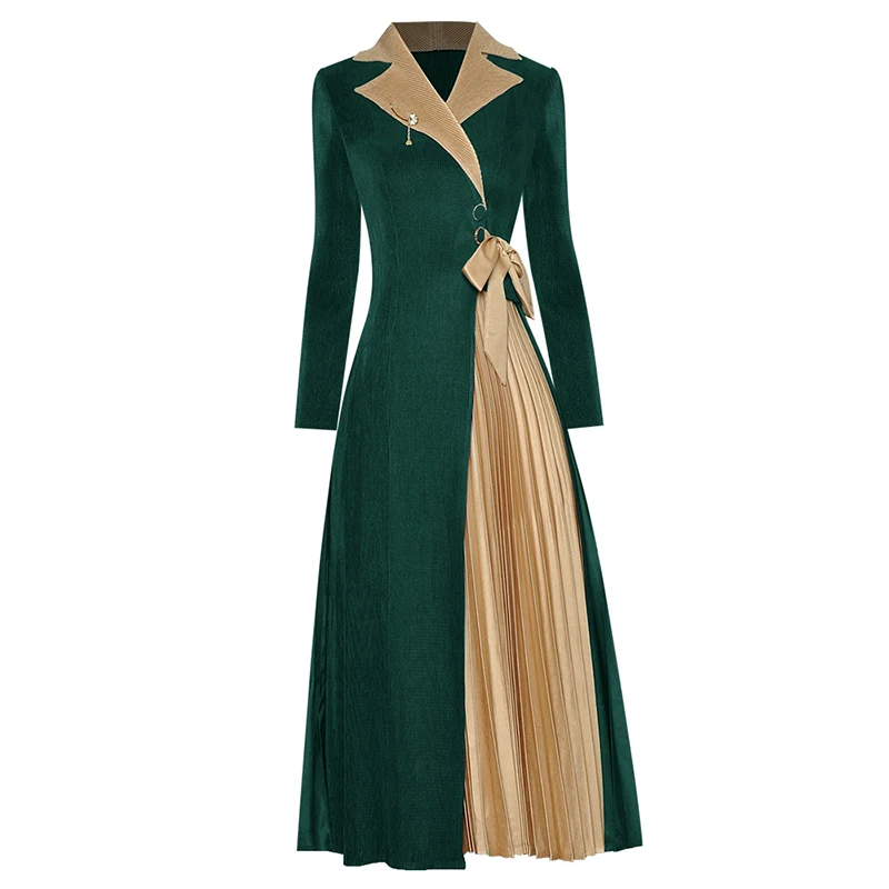 

Женское осенне-зимнее модное платье оверсайз с отложным воротником и рукавом три четверти, со шнуровкой, плиссированное эластичное платье ...